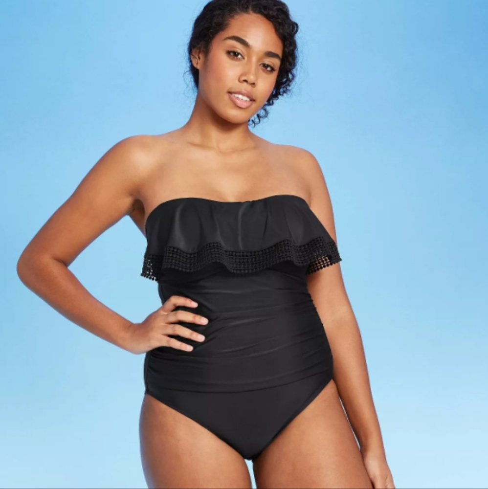 Kona Sol Black Crochet Ruffle Strapless One Piece Swimsuit